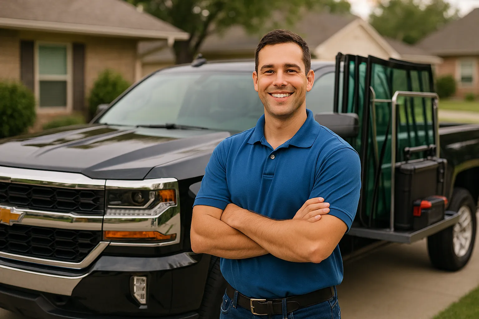 Auto Glass Xperts technician beside service truck